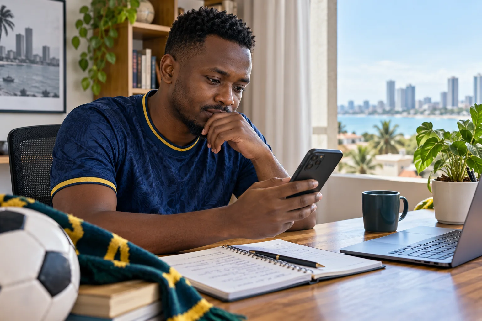 Adult user independently reviewing a sports platform in Dar es Salaam