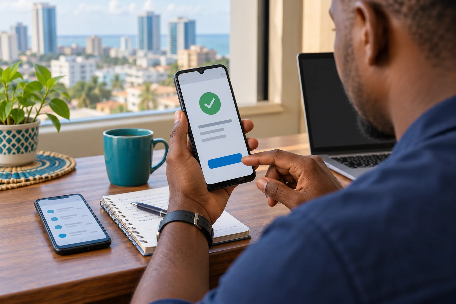 Adult Tanzanian customer carefully checking a mobile-money confirmation in Dar es Salaam